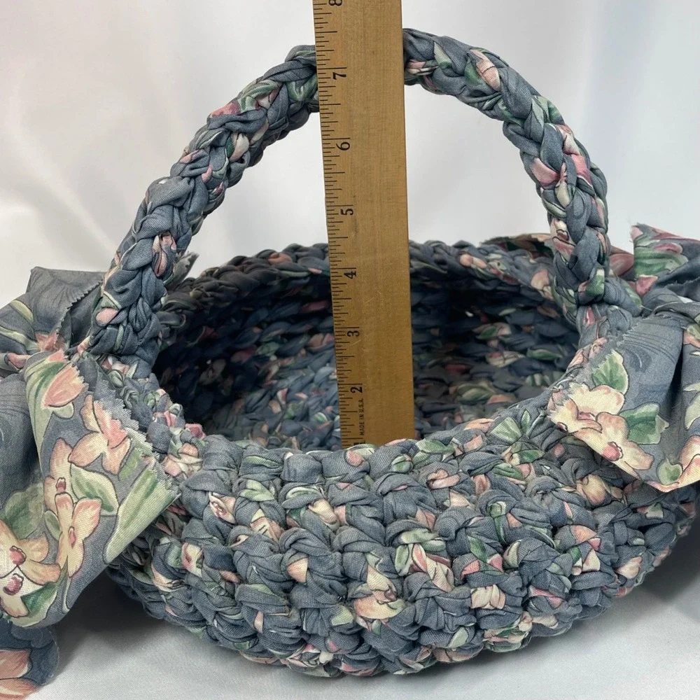 Vintage Rag Weave Basket Blue Mauve Floral Braided Fabric Round Cottagecore 10in